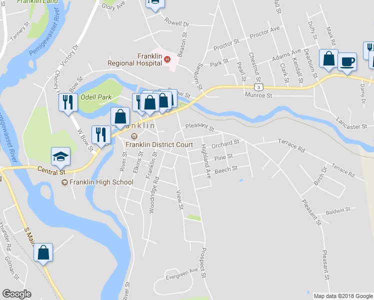 map of restaurants, bars, coffee shops, grocery stores, and more near 71 Prospect Street in Franklin