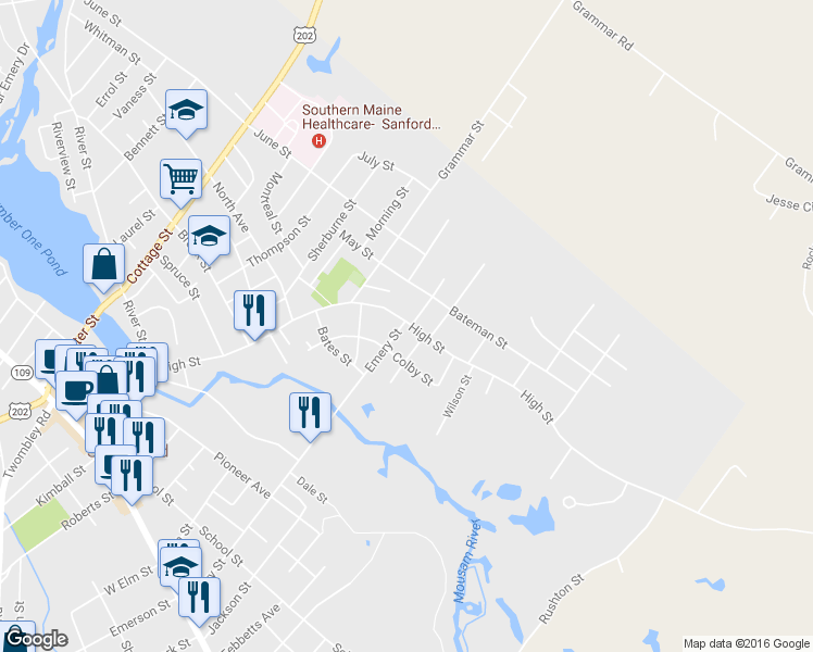 map of restaurants, bars, coffee shops, grocery stores, and more near 111 High Street in Sanford