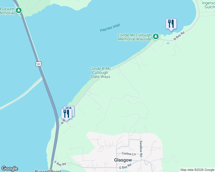 map of restaurants, bars, coffee shops, grocery stores, and more near 65927 North Bay Road in North Bend