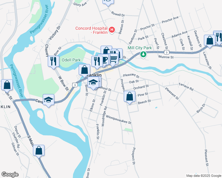 map of restaurants, bars, coffee shops, grocery stores, and more near 35 Spring Street in Franklin