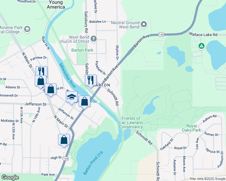 map of restaurants, bars, coffee shops, grocery stores, and more near 1801 Schmidt Road in West Bend