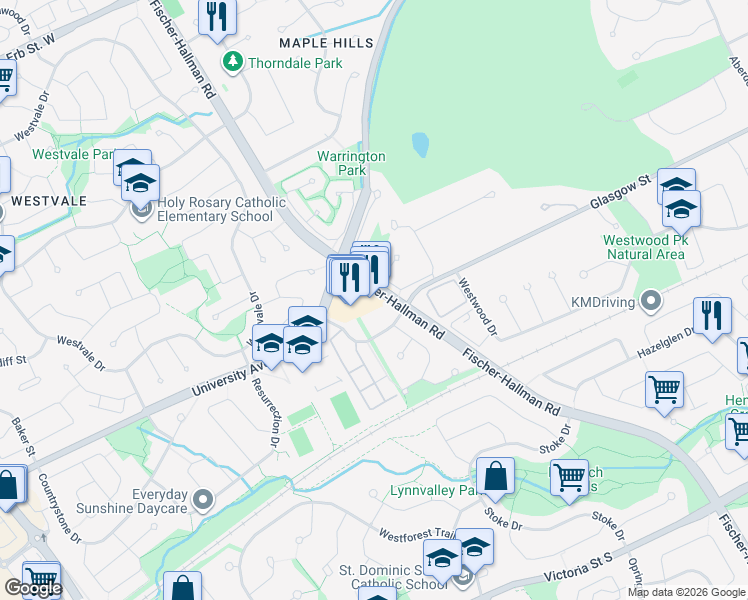 map of restaurants, bars, coffee shops, grocery stores, and more near 851 Fischer-Hallman Road in Kitchener