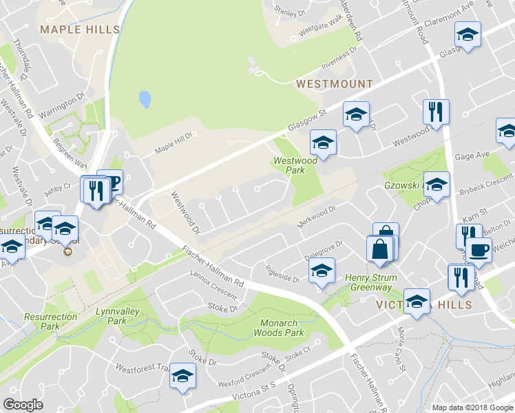 map of restaurants, bars, coffee shops, grocery stores, and more near 280 Westwood Drive in Kitchener