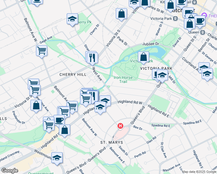 map of restaurants, bars, coffee shops, grocery stores, and more near 161 Homewood Avenue in Kitchener