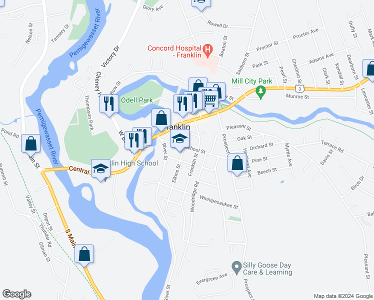 map of restaurants, bars, coffee shops, grocery stores, and more near 82 School Street in Franklin