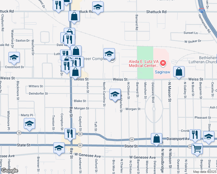 map of restaurants, bars, coffee shops, grocery stores, and more near 15 Ruhlig Court in Saginaw