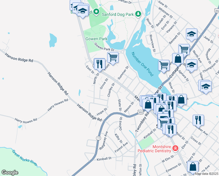 map of restaurants, bars, coffee shops, grocery stores, and more near 11 Charles Street in Sanford
