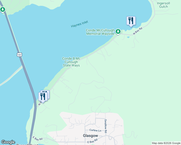 map of restaurants, bars, coffee shops, grocery stores, and more near 65927 North Bay Road in North Bend