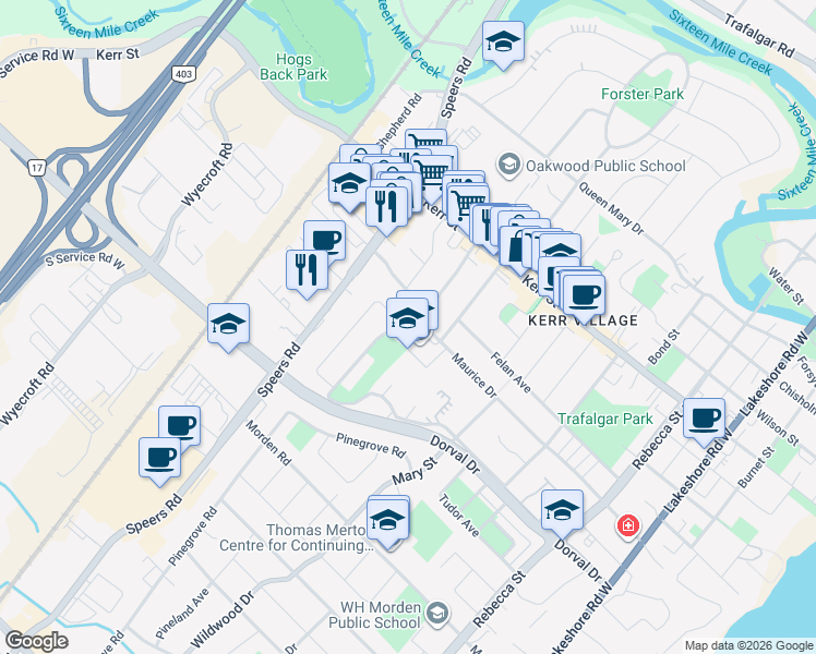 map of restaurants, bars, coffee shops, grocery stores, and more near Elmwood Road in Oakville