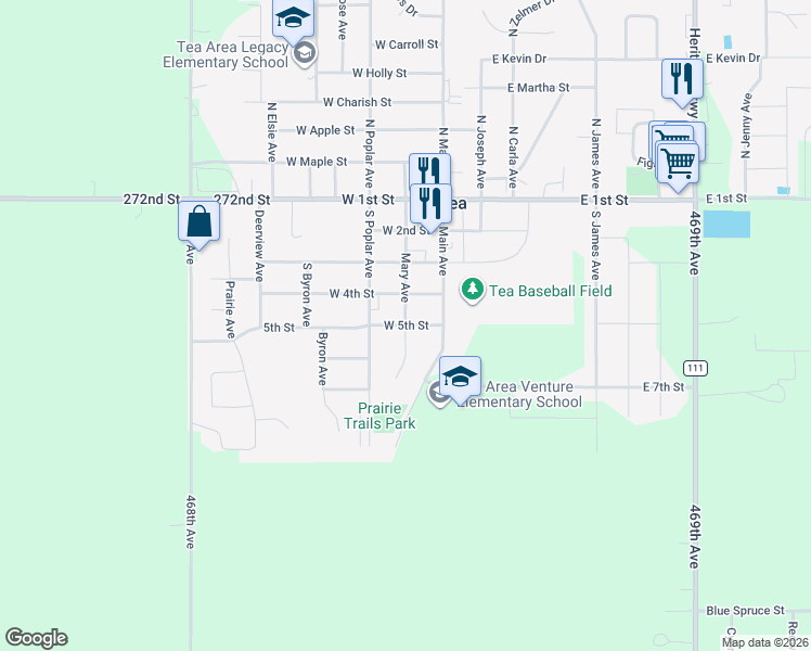 map of restaurants, bars, coffee shops, grocery stores, and more near 199 W 5th St in Tea