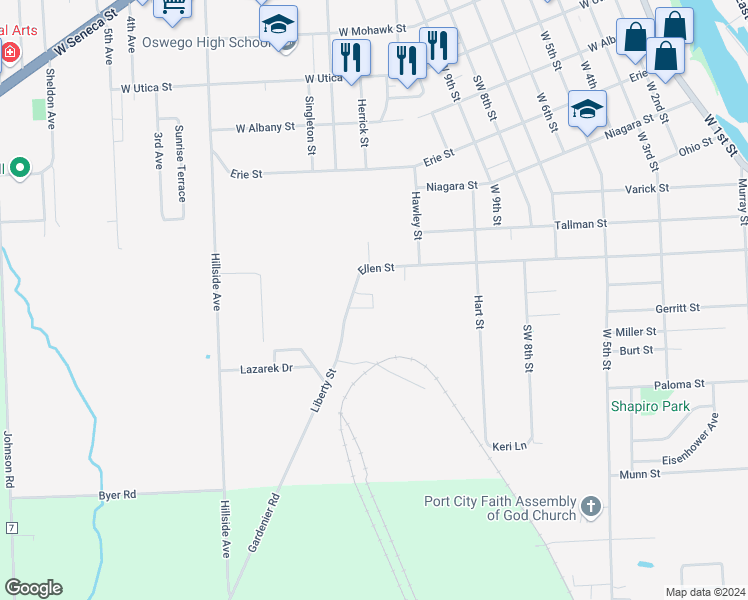 map of restaurants, bars, coffee shops, grocery stores, and more near 250 Liberty Street in Oswego
