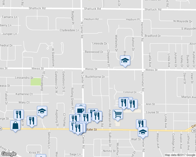 map of restaurants, bars, coffee shops, grocery stores, and more near 2425 Bock Road in Saginaw