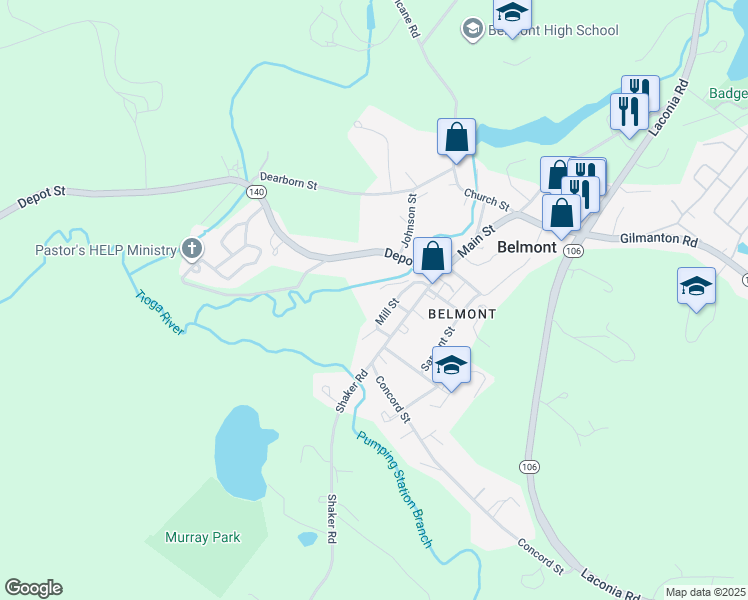map of restaurants, bars, coffee shops, grocery stores, and more near 18 Mill Street in Belmont
