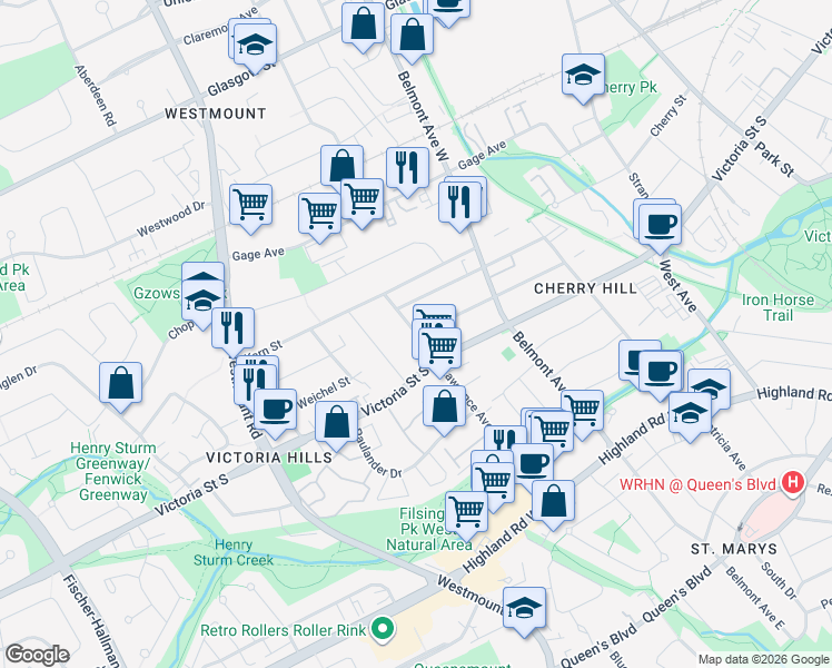 map of restaurants, bars, coffee shops, grocery stores, and more near 381 Lawrence Avenue in Kitchener