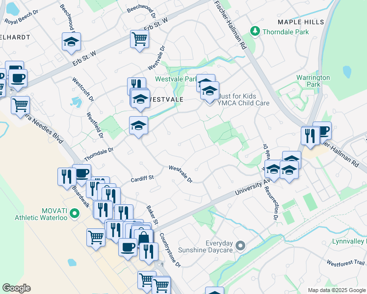 map of restaurants, bars, coffee shops, grocery stores, and more near 587 Northampton Place in Waterloo