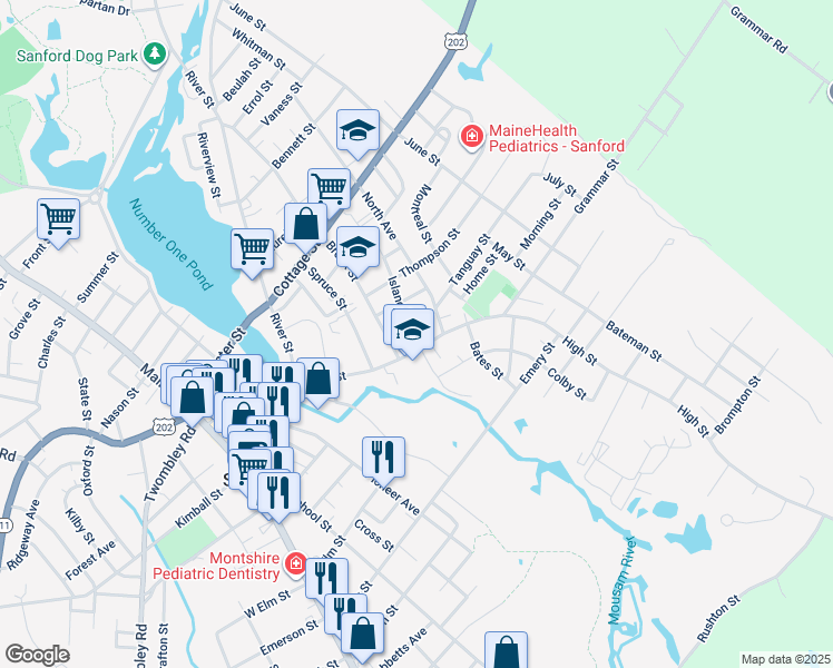 map of restaurants, bars, coffee shops, grocery stores, and more near 9 Sherburne Street in Sanford