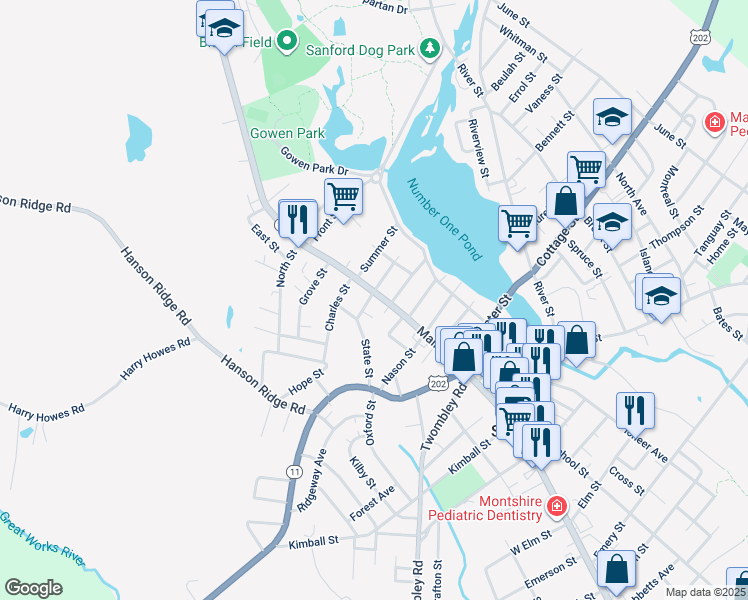 map of restaurants, bars, coffee shops, grocery stores, and more near 821 Main Street in Sanford