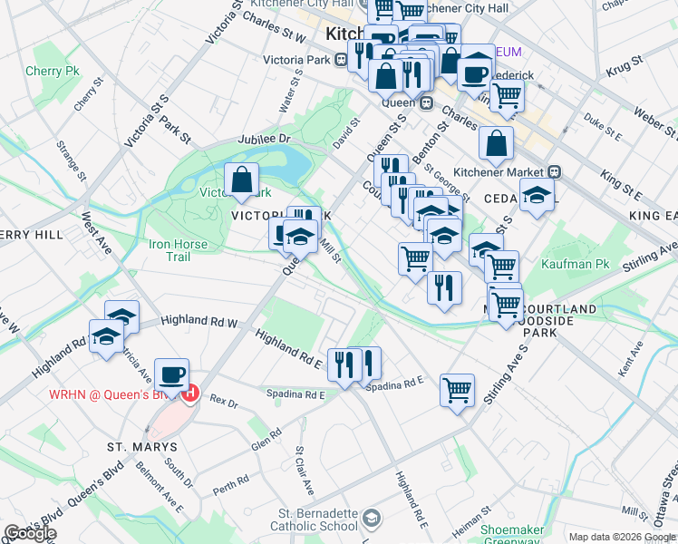 map of restaurants, bars, coffee shops, grocery stores, and more near 33 Mill Street in Kitchener