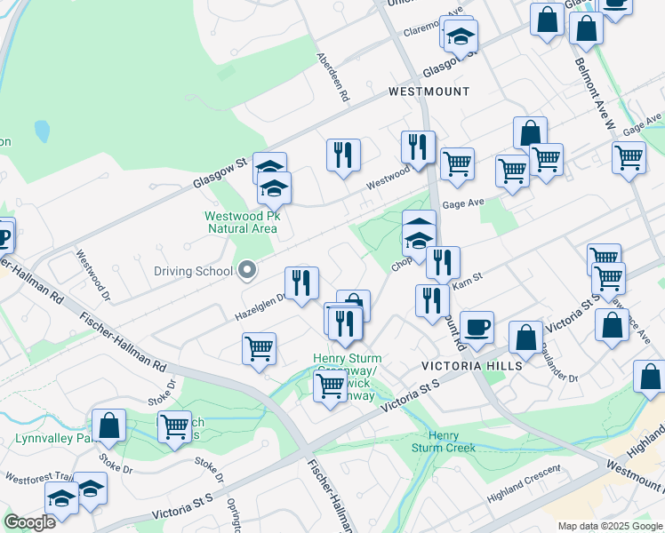 map of restaurants, bars, coffee shops, grocery stores, and more near 148 Rossford Crescent in Kitchener