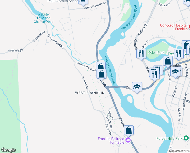 map of restaurants, bars, coffee shops, grocery stores, and more near 94 North Main Street in Franklin