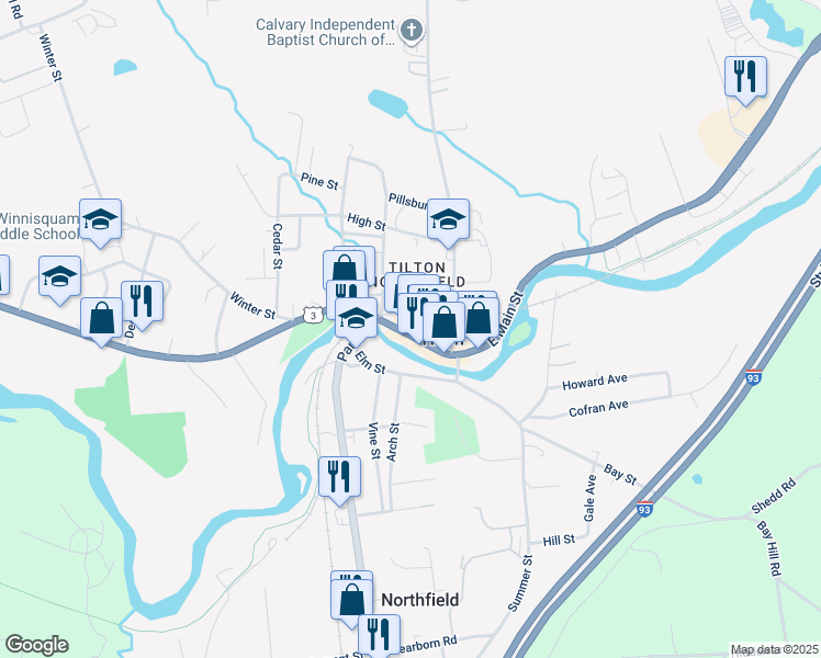 map of restaurants, bars, coffee shops, grocery stores, and more near 289 East Main Street in Tilton