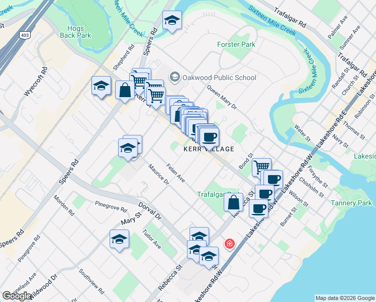 map of restaurants, bars, coffee shops, grocery stores, and more near in Oakville