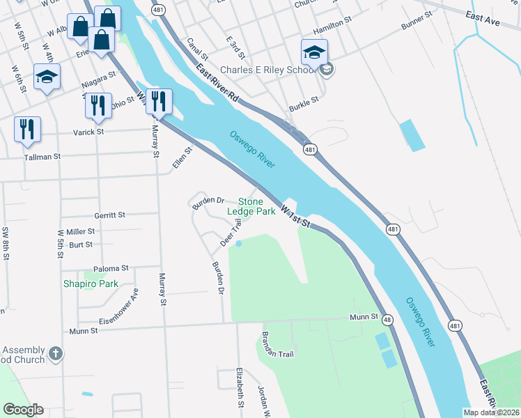 map of restaurants, bars, coffee shops, grocery stores, and more near 2 Burden Drive in Oswego