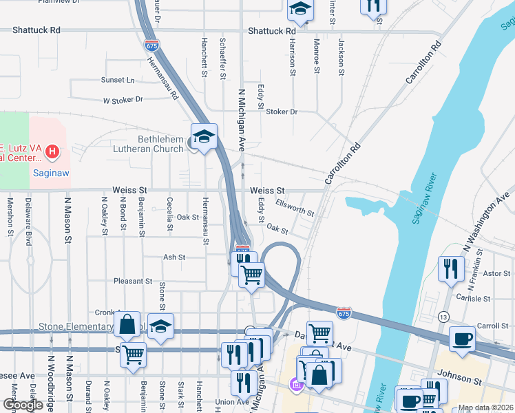 map of restaurants, bars, coffee shops, grocery stores, and more near 2627 Eddy Street in Saginaw