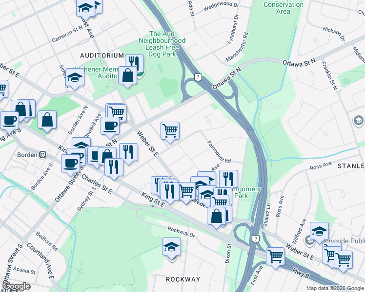 map of restaurants, bars, coffee shops, grocery stores, and more near 12 Brentwood Avenue in Kitchener