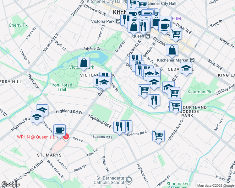 map of restaurants, bars, coffee shops, grocery stores, and more near 41 Mill Street in Kitchener