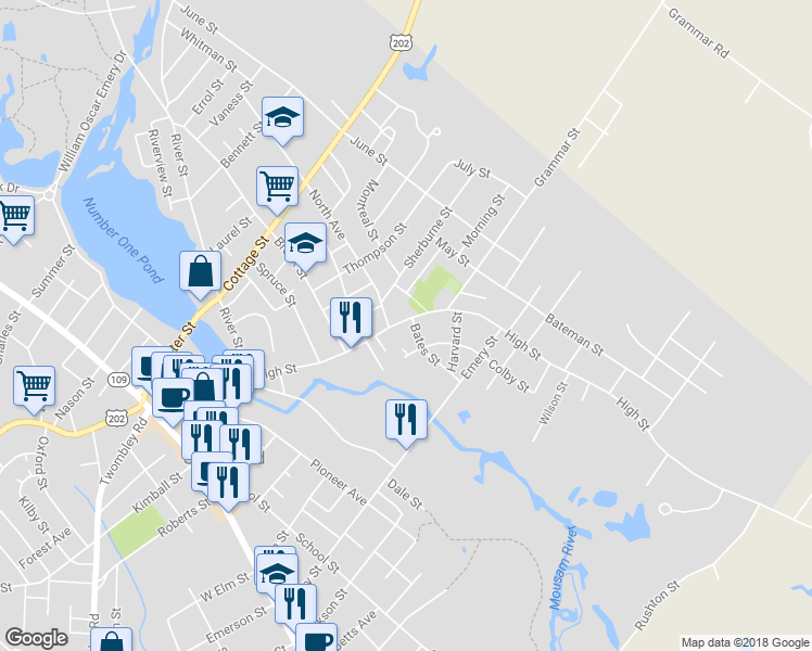 map of restaurants, bars, coffee shops, grocery stores, and more near 71 High Street in Sanford