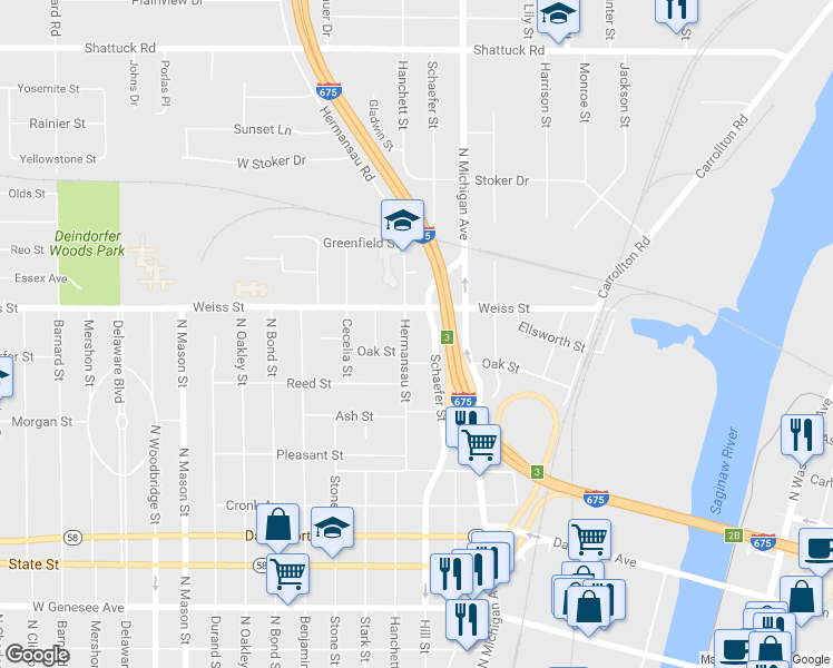 map of restaurants, bars, coffee shops, grocery stores, and more near 2626 Hermansau Street in Saginaw