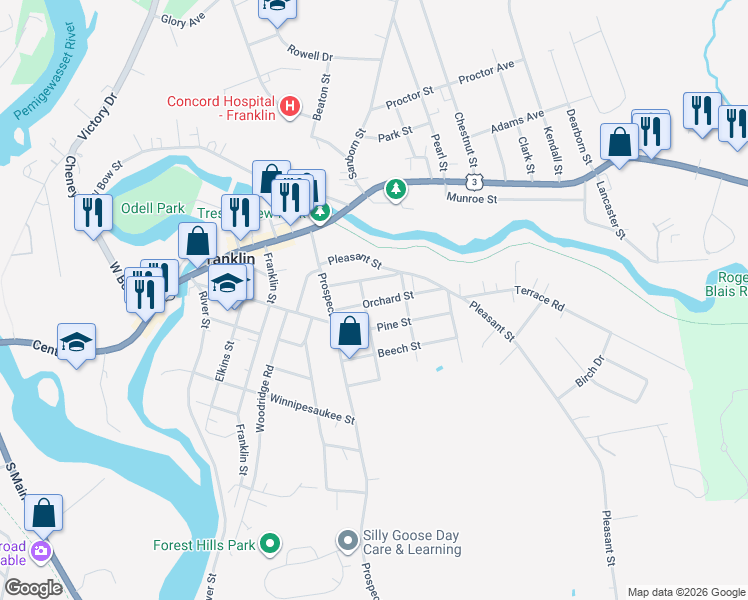 map of restaurants, bars, coffee shops, grocery stores, and more near 38 Orchard Street in Franklin