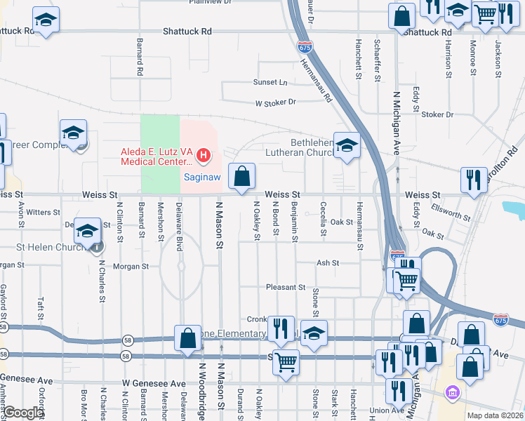 map of restaurants, bars, coffee shops, grocery stores, and more near 2548 North Oakley Street in Saginaw