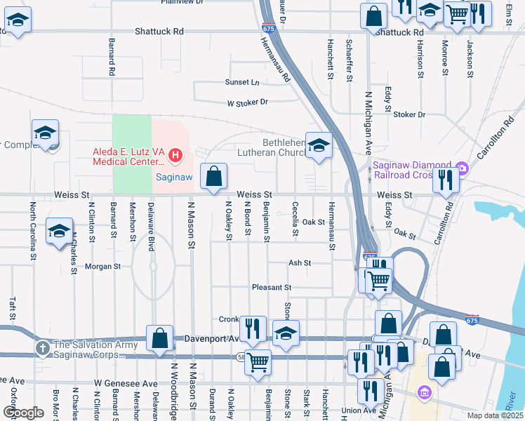 map of restaurants, bars, coffee shops, grocery stores, and more near 2549 Benjamin Street in Saginaw
