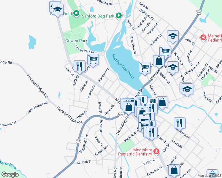 map of restaurants, bars, coffee shops, grocery stores, and more near 832 Main Street in Sanford