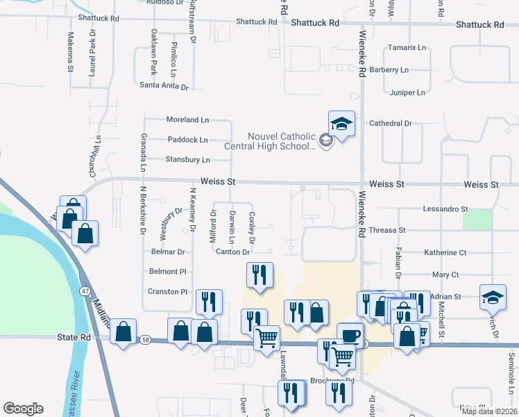 map of restaurants, bars, coffee shops, grocery stores, and more near 2420 Conley Drive in Saginaw