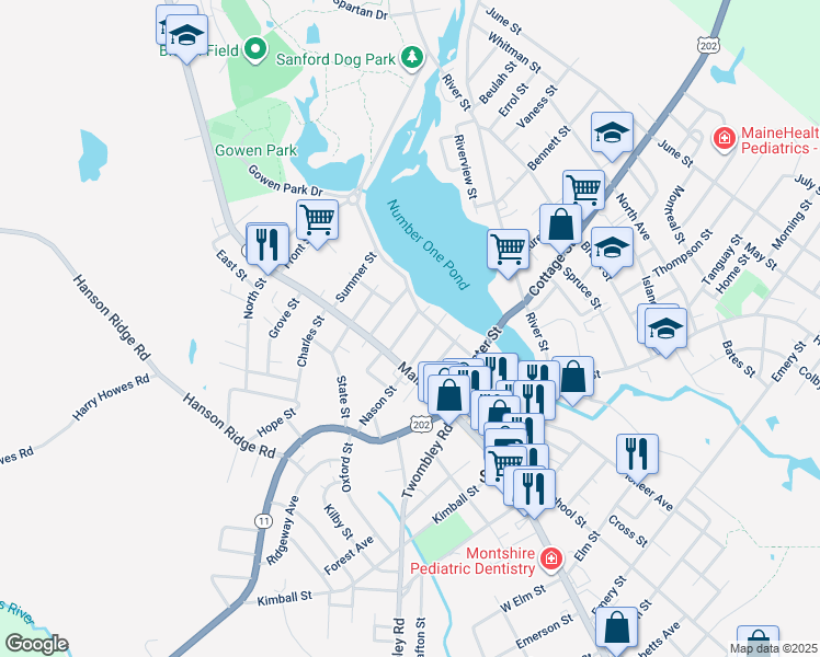 map of restaurants, bars, coffee shops, grocery stores, and more near 5 Pleasant Avenue in Sanford