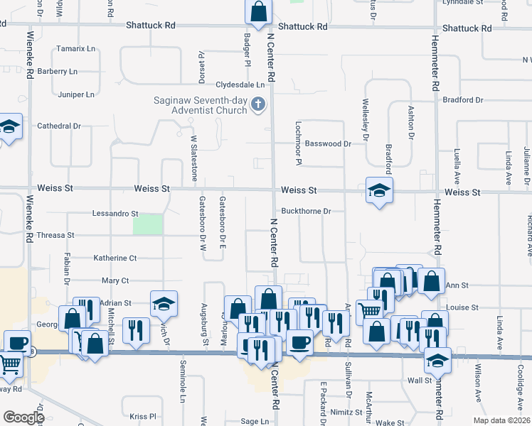 map of restaurants, bars, coffee shops, grocery stores, and more near 2445 North Center Road in Saginaw