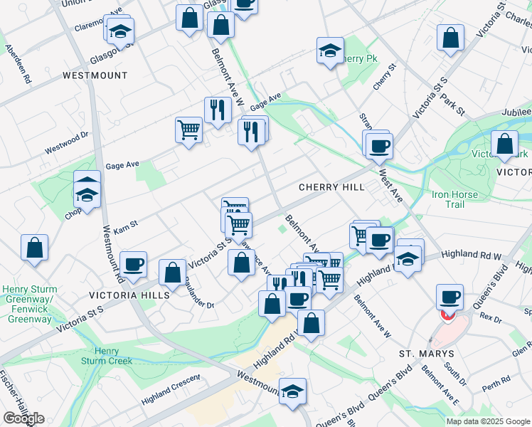 map of restaurants, bars, coffee shops, grocery stores, and more near 450 Victoria Street South in Kitchener