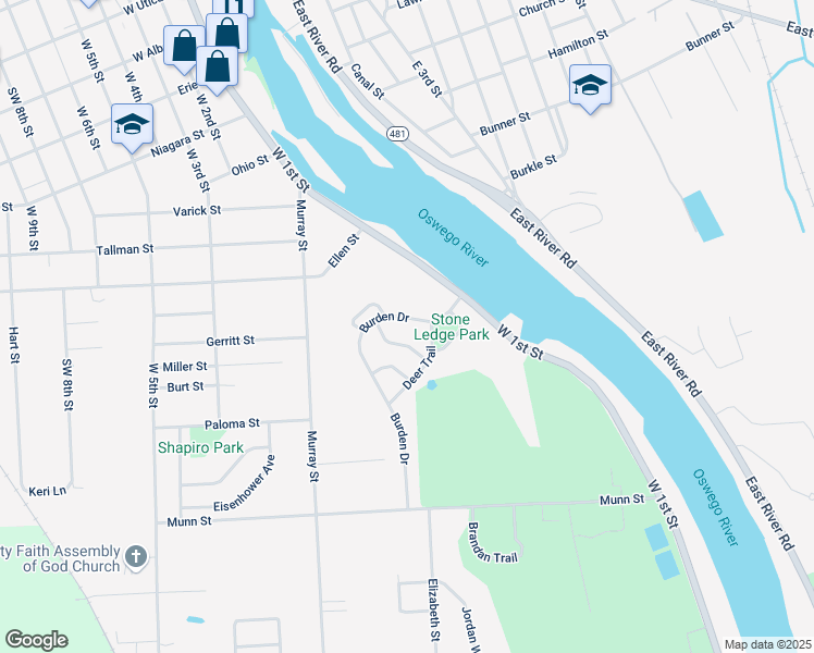 map of restaurants, bars, coffee shops, grocery stores, and more near 550 West 1st Street in Oswego