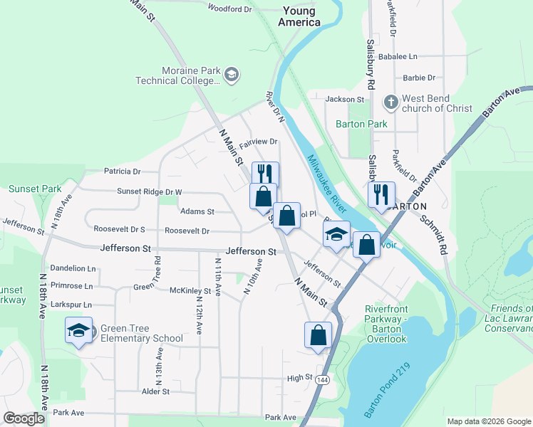 map of restaurants, bars, coffee shops, grocery stores, and more near 720 North Main Street in West Bend