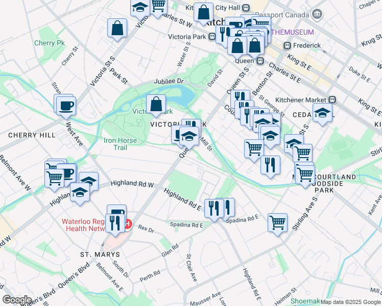 map of restaurants, bars, coffee shops, grocery stores, and more near 600 Queen Street South in Kitchener