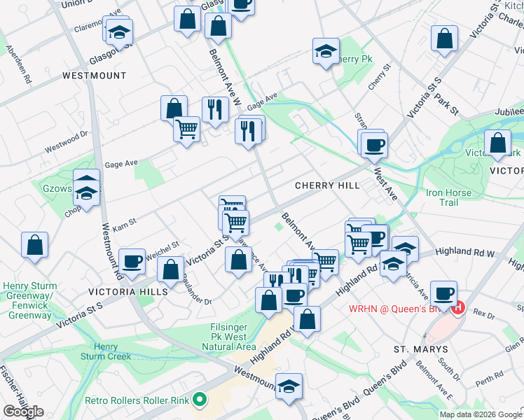map of restaurants, bars, coffee shops, grocery stores, and more near 450 Victoria Street South in Kitchener