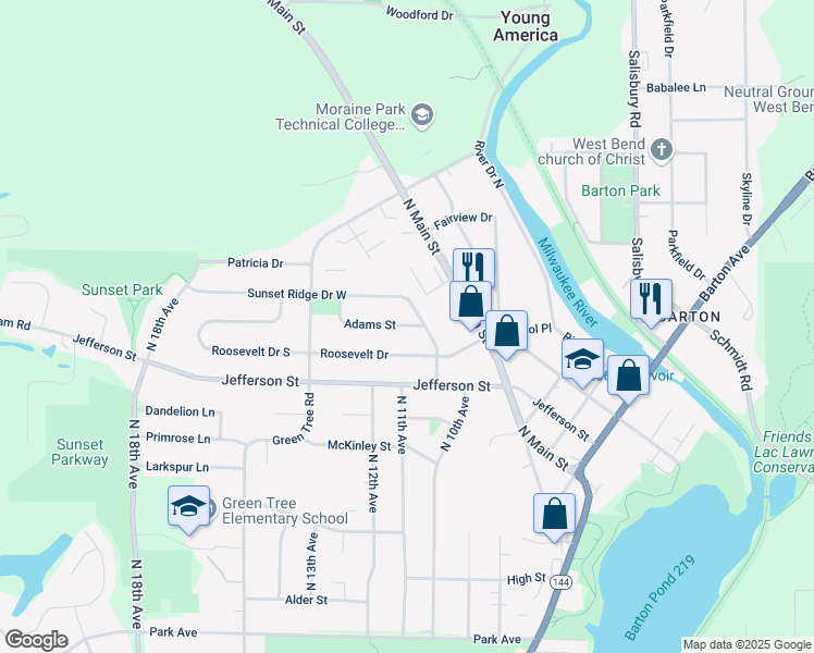 map of restaurants, bars, coffee shops, grocery stores, and more near 1021 Adams Street in West Bend