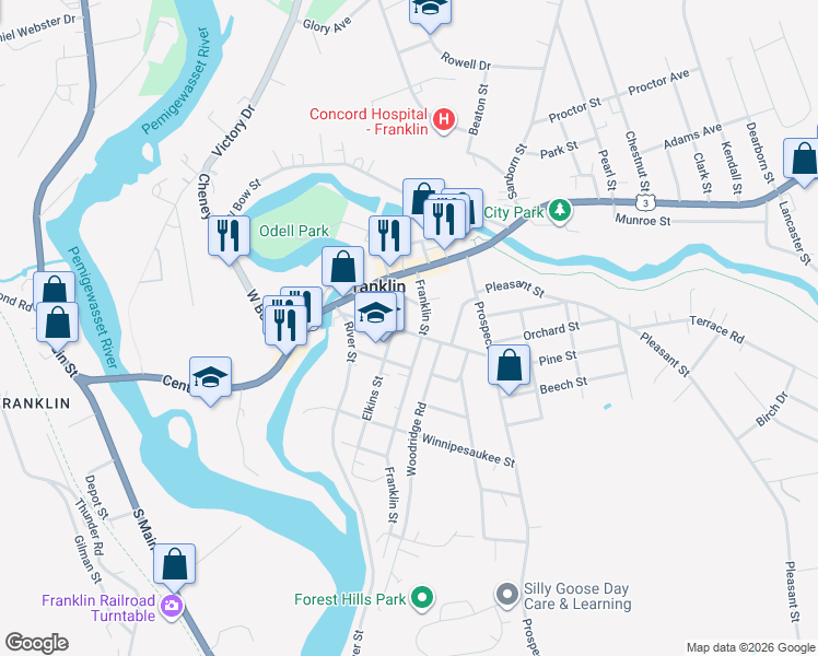 map of restaurants, bars, coffee shops, grocery stores, and more near 75 School Street in Franklin
