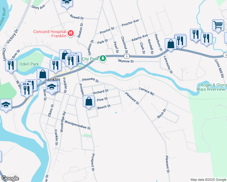 map of restaurants, bars, coffee shops, grocery stores, and more near 89 Orchard Street in Franklin