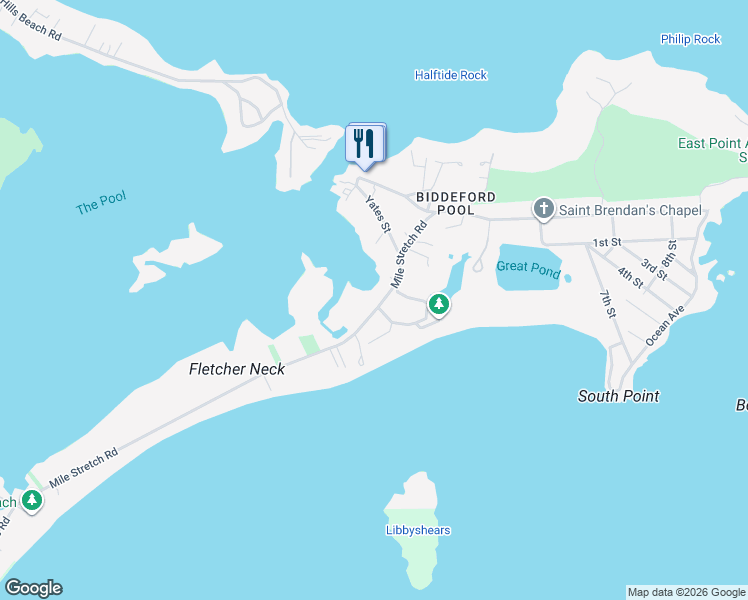 map of restaurants, bars, coffee shops, grocery stores, and more near 109 Mile Stretch Road in Biddeford