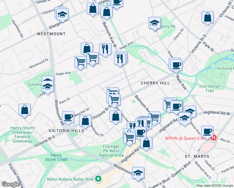 map of restaurants, bars, coffee shops, grocery stores, and more near 133 Talbot Street in Kitchener
