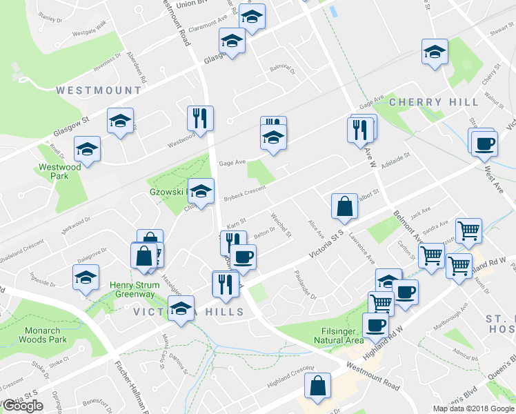 map of restaurants, bars, coffee shops, grocery stores, and more near 466 Karn Street in Kitchener